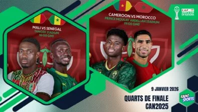 Vignette quarts de finale CAN 2025 du 9 janvier 2026, affichant les rencontres Mali–Sénégal et Cameroun–Maroc avec les lieux et horaires des matchs.
