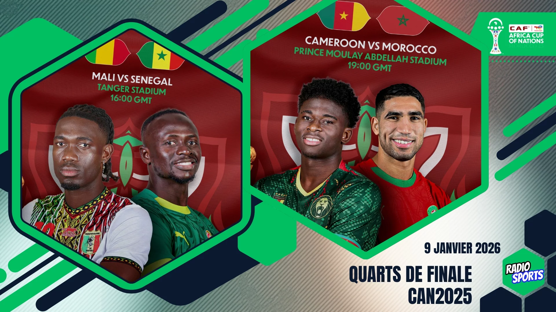 Vignette quarts de finale CAN 2025 du 9 janvier 2026, affichant les rencontres Mali–Sénégal et Cameroun–Maroc avec les lieux et horaires des matchs.