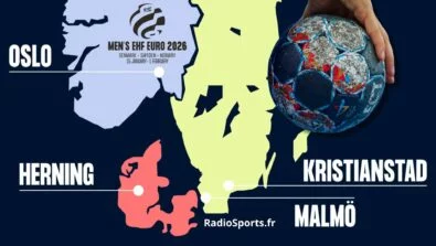 Carte des villes hôtes de l’Euro de handball 2026 : Herning, Oslo, Malmö et Kristianstad, au Danemark, en Norvège et en Suède.