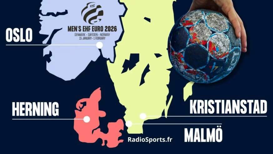 Carte des villes hôtes de l’Euro de handball 2026 : Herning, Oslo, Malmö et Kristianstad, au Danemark, en Norvège et en Suède.