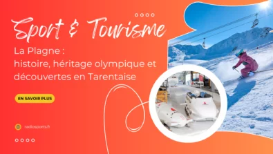 Visuel de l’émission Sport & Tourisme consacré à La Plagne, montrant une skieuse sur les pistes et la piste de bobsleigh olympique.