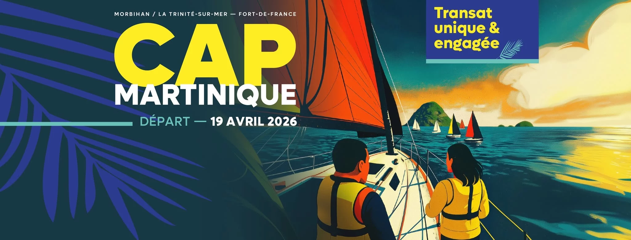 Affiche officielle de la Cap-Martinique 2026, transatlantique à la voile entre La Trinité-sur-Mer et Fort-de-France