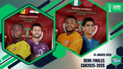 Affiche des demi-finales de la CAN 2025-2026 avec Sénégal vs Égypte et Nigeria vs Maroc le 14 janvier 2026.