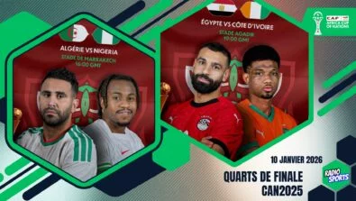 Vignette du 10 janvier 2026 pour les quarts de finale de la CAN 2025, avec les affiches Algérie vs Nigeria et Égypte vs Côte d’Ivoire.