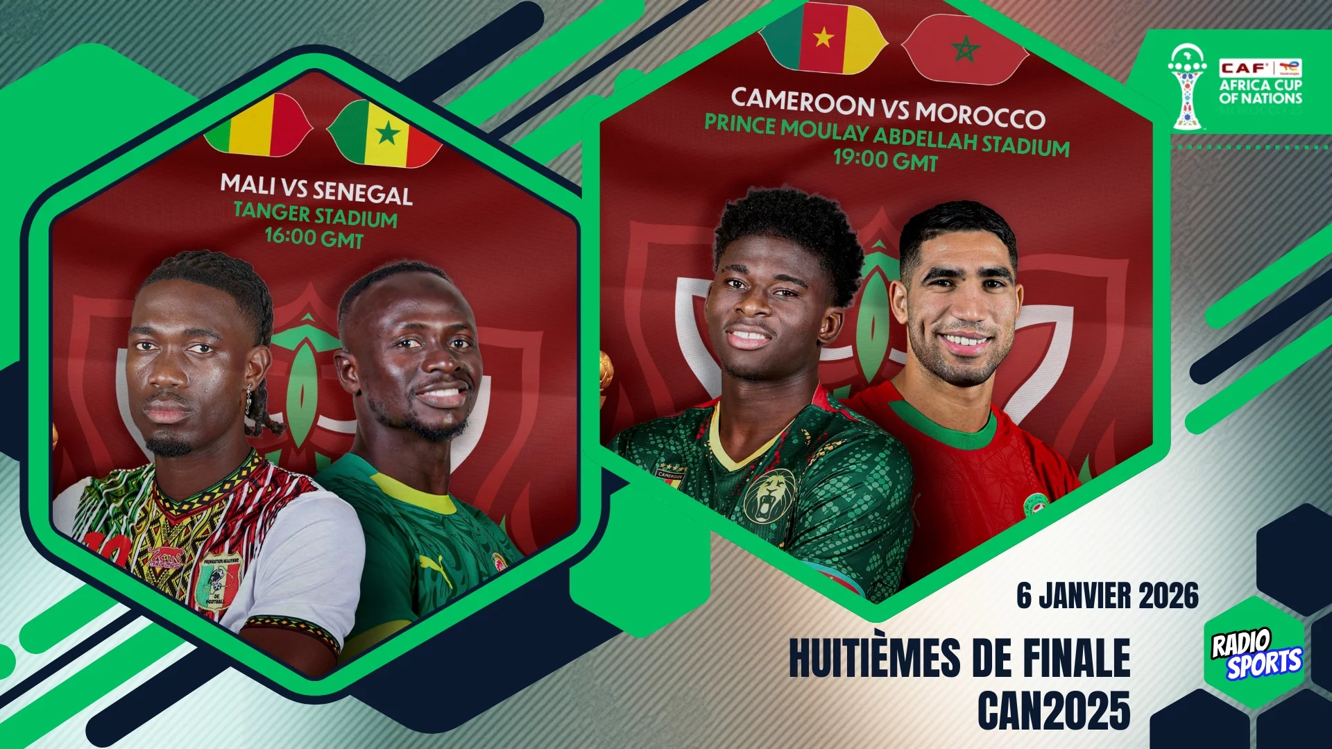 Vignette quarts de finale CAN 2025 du 9 janvier 2026, affichant les rencontres Mali–Sénégal et Cameroun–Maroc avec les lieux et horaires des matchs.