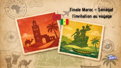 Carte postale Maroc et Sénégal sur fond voyage avec tampons passeport