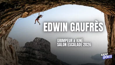 Edwin Gaufrès, grimpeur et kinésithérapeute du sport, sur une vignette créée pour son interview au Salon de l’Escalade 2026.