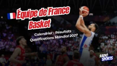 Équipe de France masculine de basket lors d’un match officiel, illustration des qualifications européennes pour le Mondial 2027