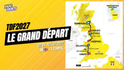 Carte du Grand Départ du Tour de France 2027 montrant les trois étapes entre Édimbourg, Carlisle, Keswick, Liverpool, Welshpool et Cardiff du 2 au 4 juillet 2027.