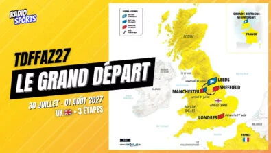 Carte du Grand Départ 2027 du Tour de France Femmes avec Zwift avec trois étapes entre Leeds, Manchester, Sheffield et Londres, du 30 juillet au 1er août.