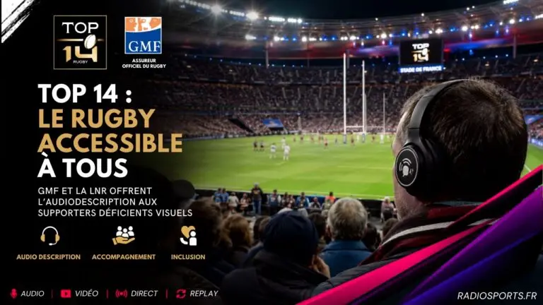 Supporter équipé d’un casque d’audiodescription pendant la finale du Top 14 au Stade de France, symbole de l’accessibilité du rugby aux personnes déficientes visuelles.