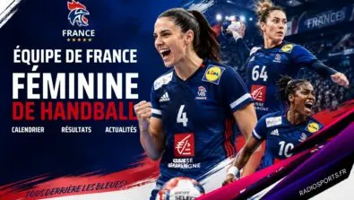 Joueuses de l'équipe de France féminine de handball illustrant la page consacrée au calendrier, aux résultats, à l'Euro 2026 et aux actualités des Bleues.