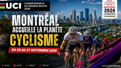 Peloton de cyclistes sur fond de skyline de Montréal pour les Championnats du Monde Route UCI 2026 organisés du 20 au 27 septembre au Canada.