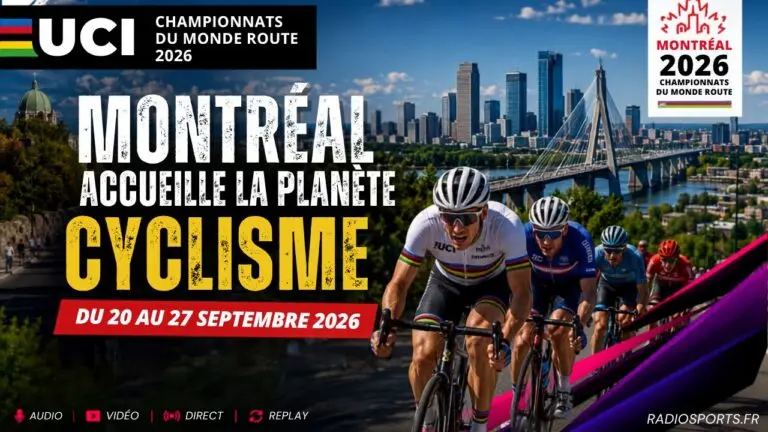 Peloton de cyclistes sur fond de skyline de Montréal pour les Championnats du Monde Route UCI 2026 organisés du 20 au 27 septembre au Canada.