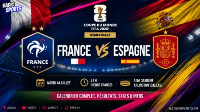 Affiche France - Espagne en demi-finale de la Coupe du Monde FIFA 2026 avec les deux drapeaux et la date du match.