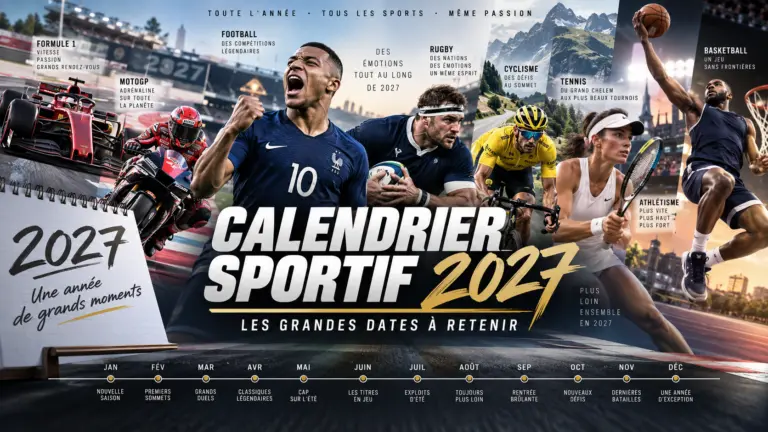 alendrier sportif 2027 avec les grands rendez-vous de football, rugby, cyclisme, Formule 1, MotoGP, tennis, athlétisme et basket
