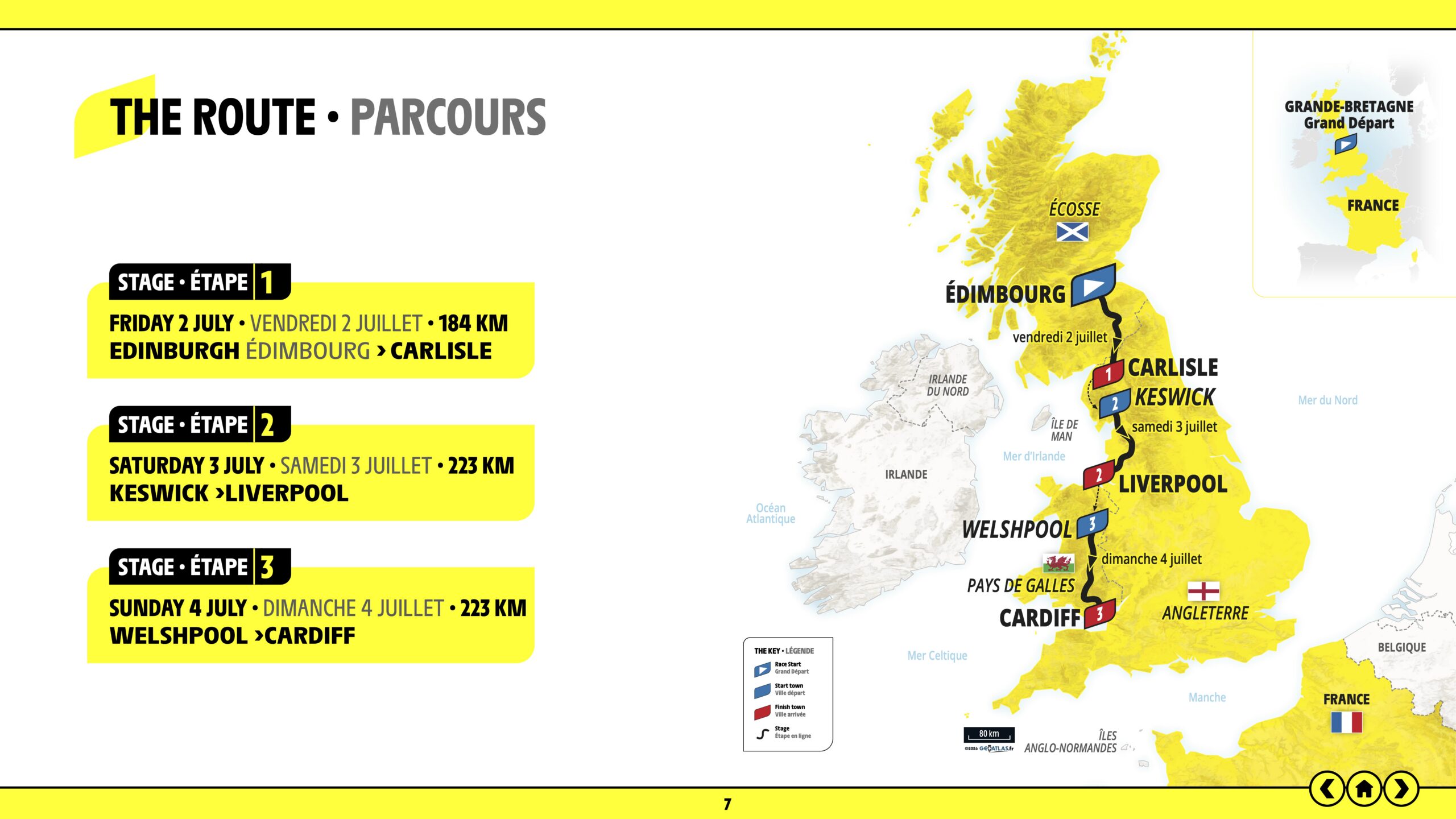Carte officielle des trois premières étapes du Tour de France 2027 entre Édimbourg, Carlisle, Keswick, Liverpool, Welshpool et Cardiff