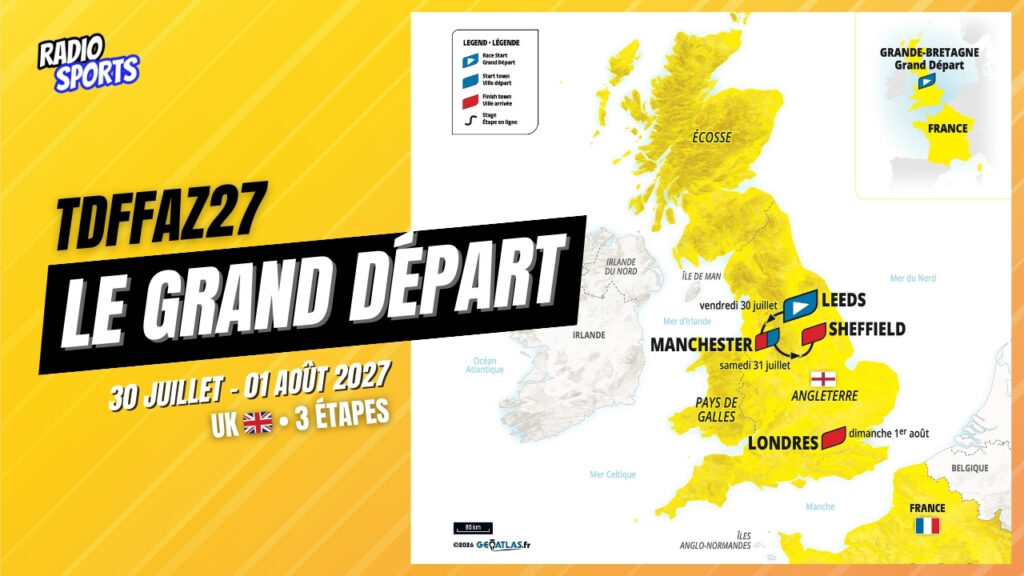 Carte du Grand Départ 2027 du Tour de France Femmes avec Zwift avec trois étapes entre Leeds, Manchester, Sheffield et Londres, du 30 juillet au 1er août.