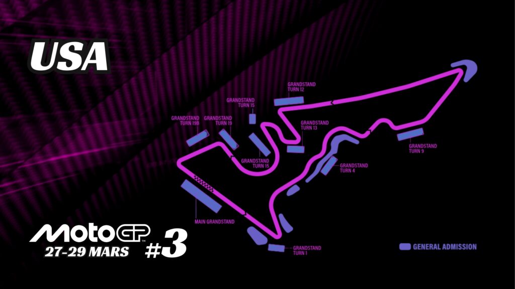 Plan du circuit COTA Austin pour le MotoGP USA 2026, avec les tribunes et les dates du 27-29 mars.