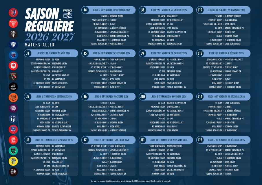 Calendrier de la saison régulière Rugby Pro D2 - Matchs Aller