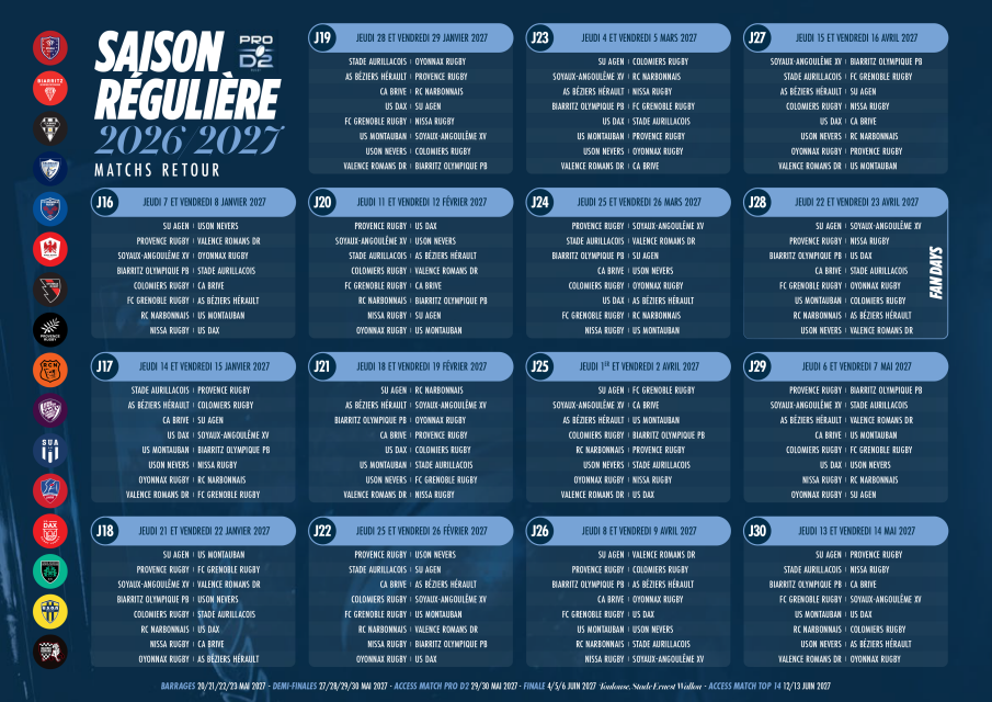 Calendrier de la saison régulière Rugby Pro D2 - Matchs retour