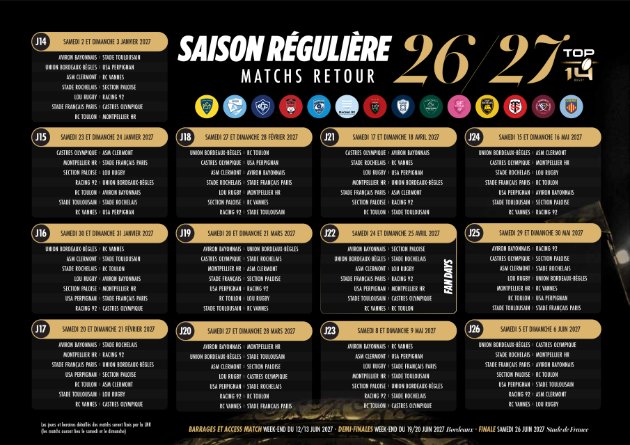 Calendrier saison régulière Top14 2026-2027 - Match Retour