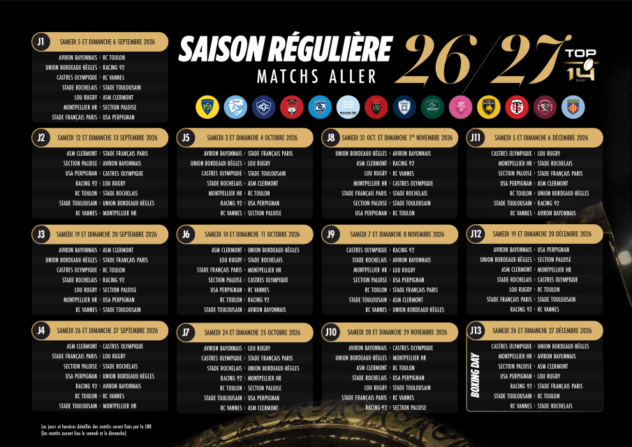 Calendrier saison régulière Top14 2026-2027 - Match Aller